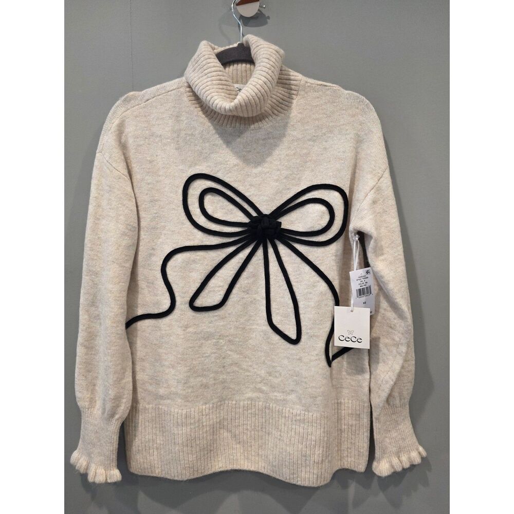 NWT Cece Turtleneck Sweater XS/SM Heathered Oatmeal Bow Cute Chunky Knit Cozy